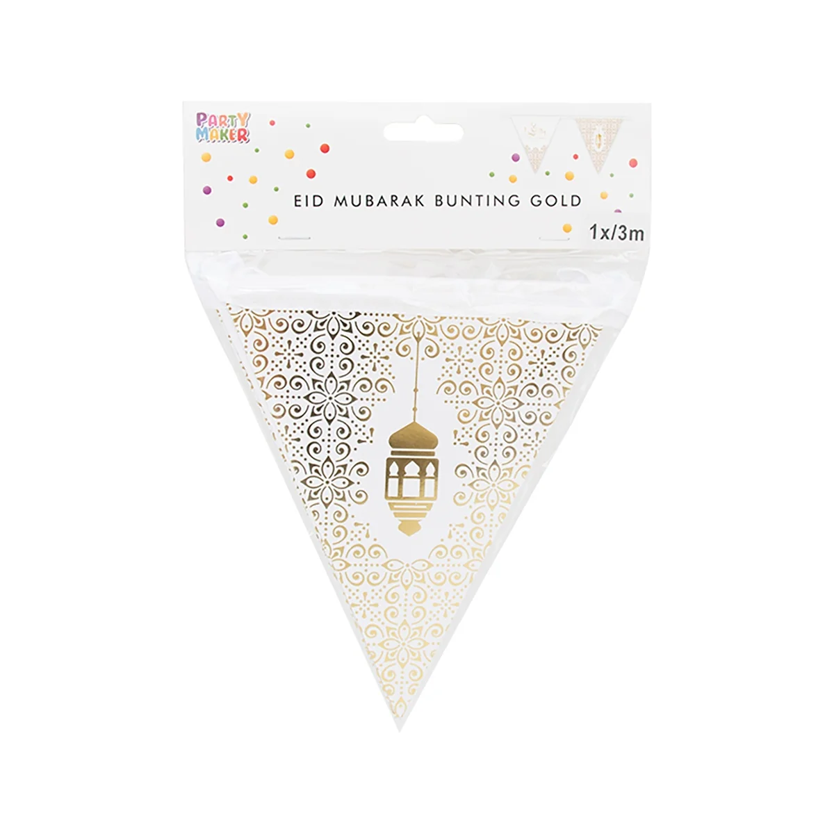 Eid Triangle Flag Bunting White Gold 300cm — size reference