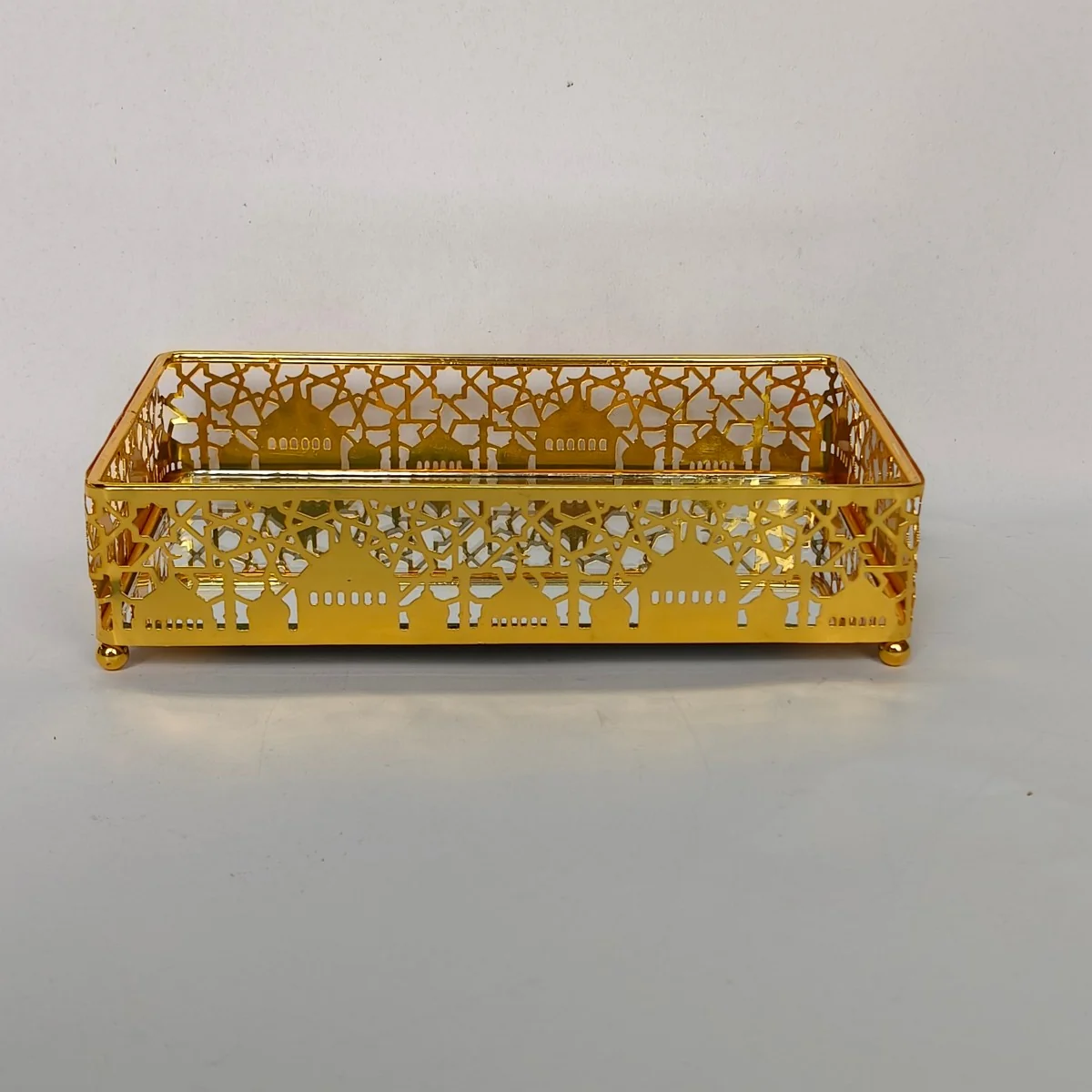 EID Golden Mirror Rectangle Serving Tray 60pcs — angle view