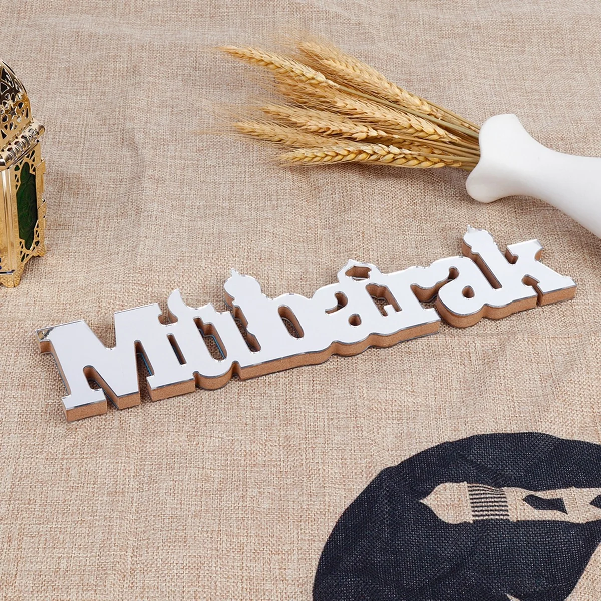 Wood Lettering Ornament Mubarak Silver