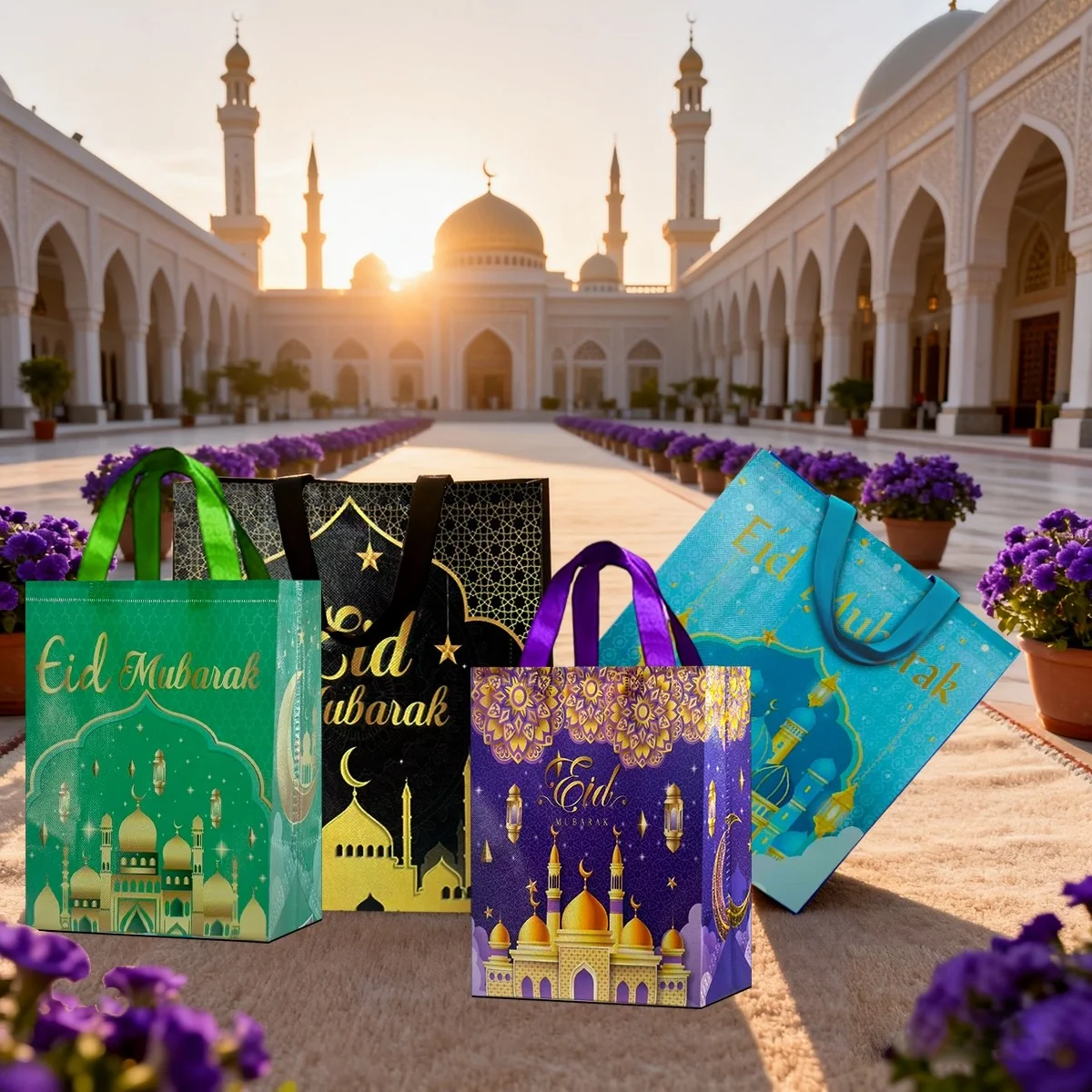 Ramadan gift bag - 4 pieces
Black large + Blue large + Green small + Purple small — contents